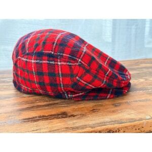 1960s 1970s Vintage Pendleton Red Tartan Plaid Wool Flat Cap Hat Paperboy